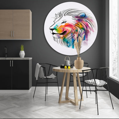 Abstracte Kleurrijke Leeuw in Lijnen aluminium muurcirkel