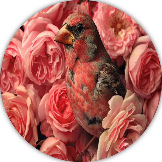 Vogel omhuld door roze rozenpracht aluminium muurcirkel