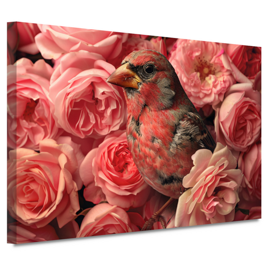 Vogel omhuld door roze rozenpracht canvas