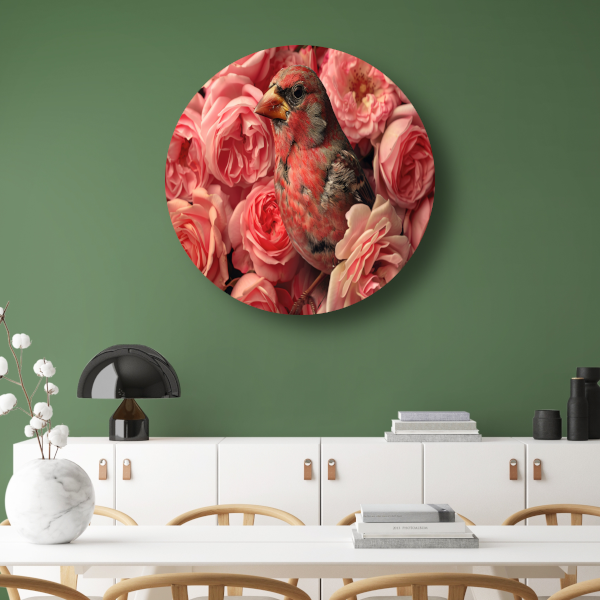 Vogel omhuld door roze rozenpracht canvas