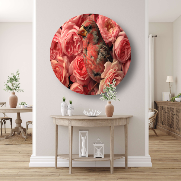 Vogel omhuld door roze rozenpracht aluminium muurcirkel