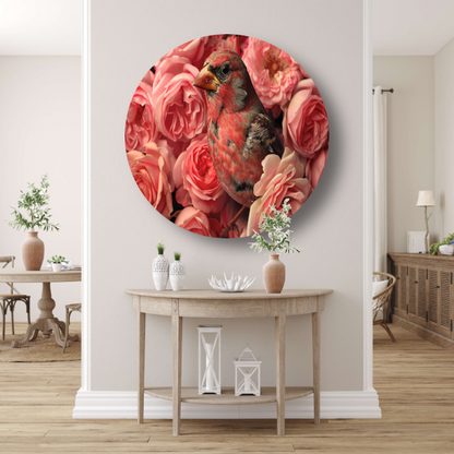 Vogel omhuld door roze rozenpracht aluminium muurcirkel