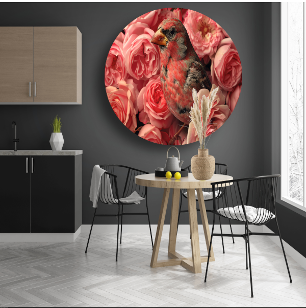 Vogel omhuld door roze rozenpracht aluminium muurcirkel