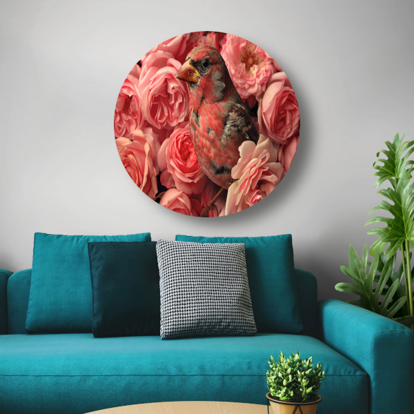 Vogel omhuld door roze rozenpracht aluminium muurcirkel