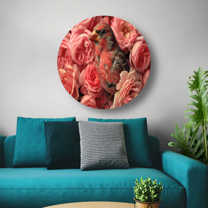 Vogel omhuld door roze rozenpracht aluminium muurcirkel