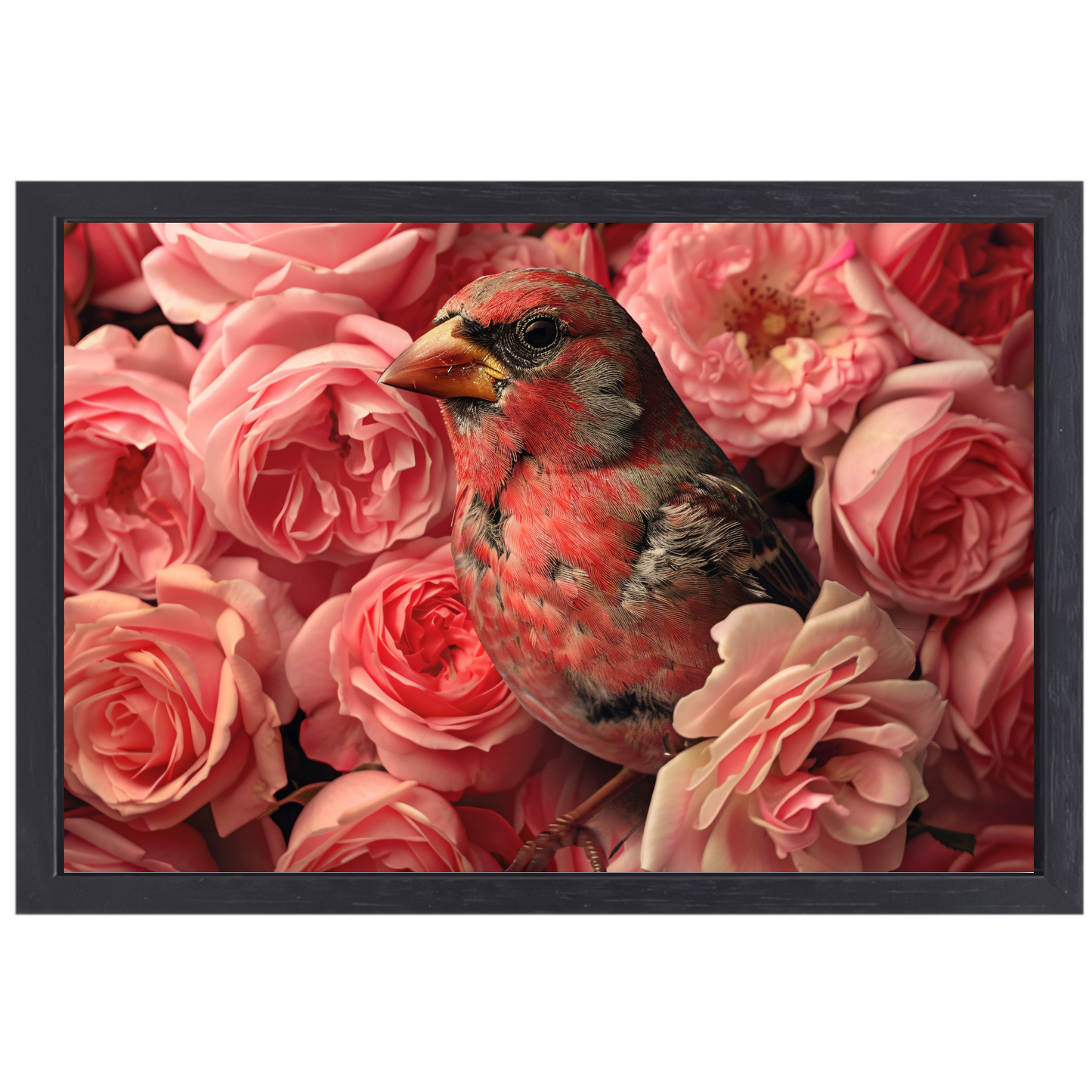 Vogel omhuld door roze rozenpracht canvas