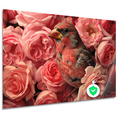 Vogel omhuld door roze rozenpracht canvas