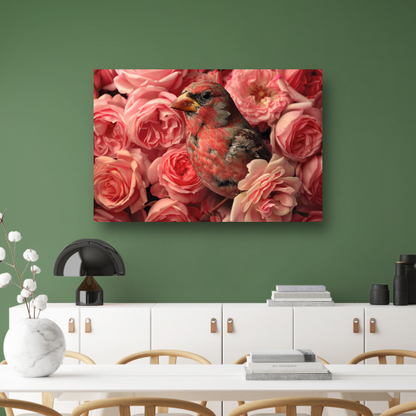 Vogel omhuld door roze rozenpracht canvas