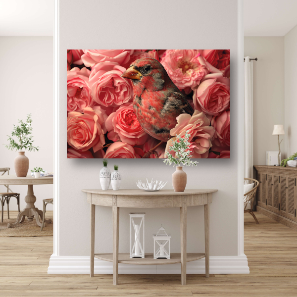 Vogel omhuld door roze rozenpracht canvas