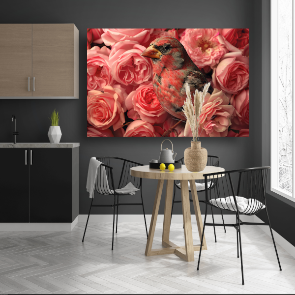 Vogel omhuld door roze rozenpracht canvas