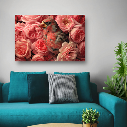 Vogel omhuld door roze rozenpracht canvas