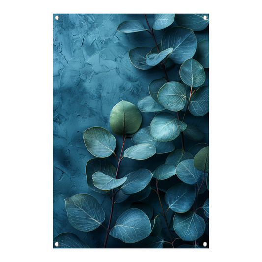 Abstracte kunst van bladeren op getextureerde blauwe achtergrond tuinposter