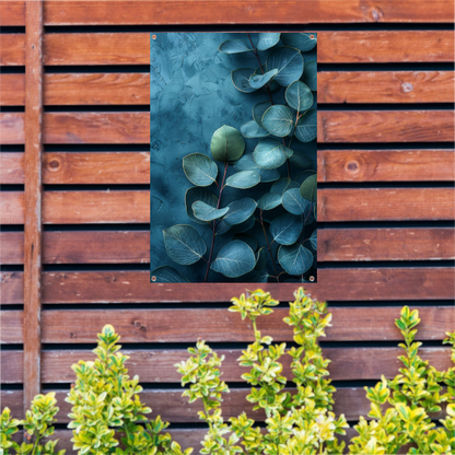 Abstracte kunst van bladeren op getextureerde blauwe achtergrond tuinposter