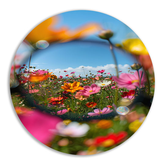 Close-up van kleurrijke bloemen in veld aluminium muurcirkel