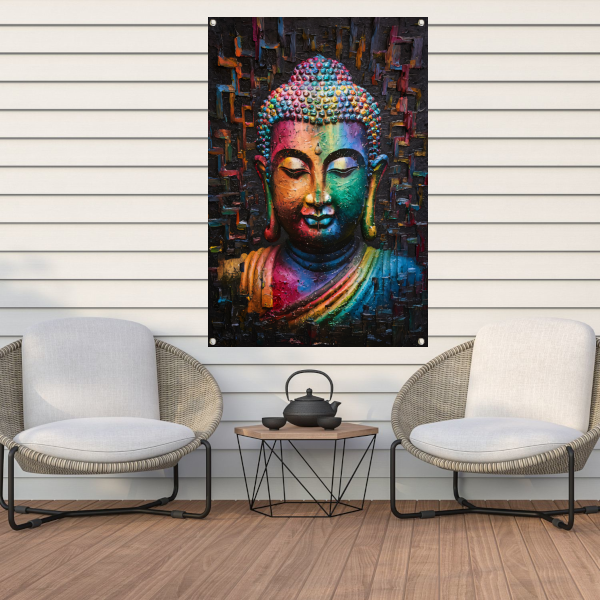 Boeddha in kleurrijk abstract expressionisme tuinposter