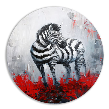 Abstract schilderij van zebra met rode accenten aluminium muurcirkel