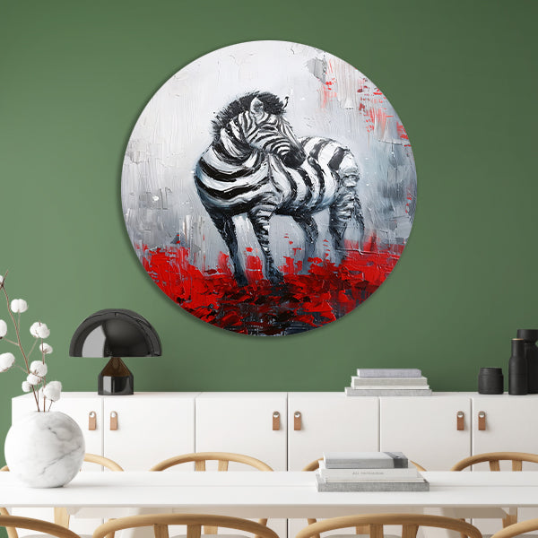 Abstract schilderij van zebra met rode accenten aluminium muurcirkel