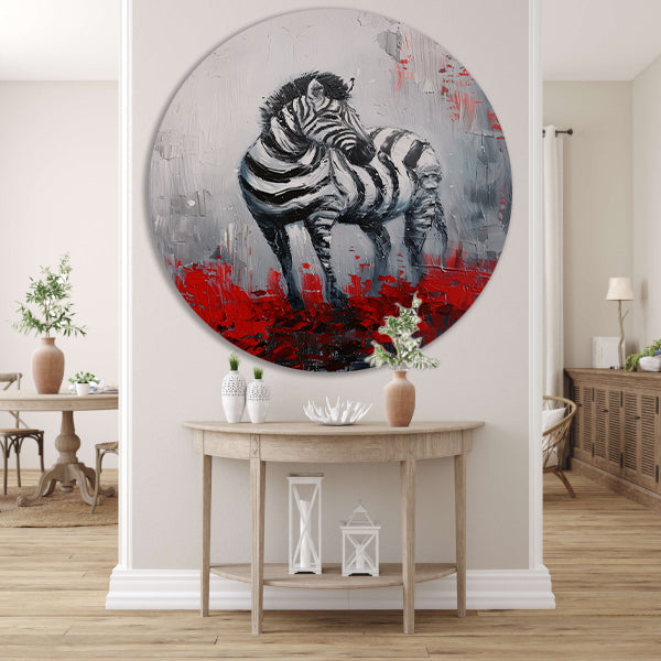 Abstract schilderij van zebra met rode accenten aluminium muurcirkel
