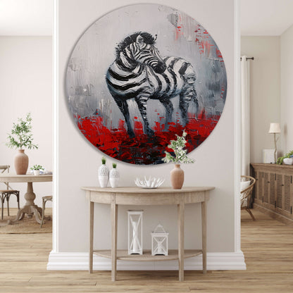 Abstract schilderij van zebra met rode accenten aluminium muurcirkel