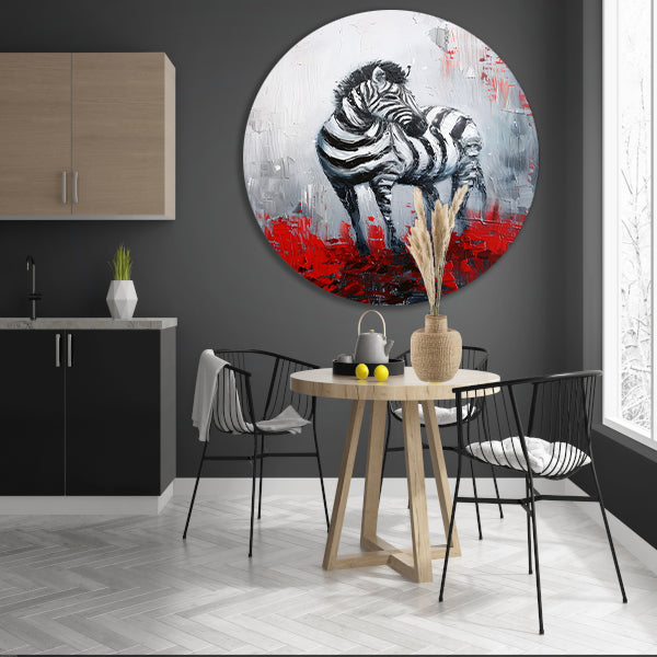 Abstract schilderij van zebra met rode accenten aluminium muurcirkel