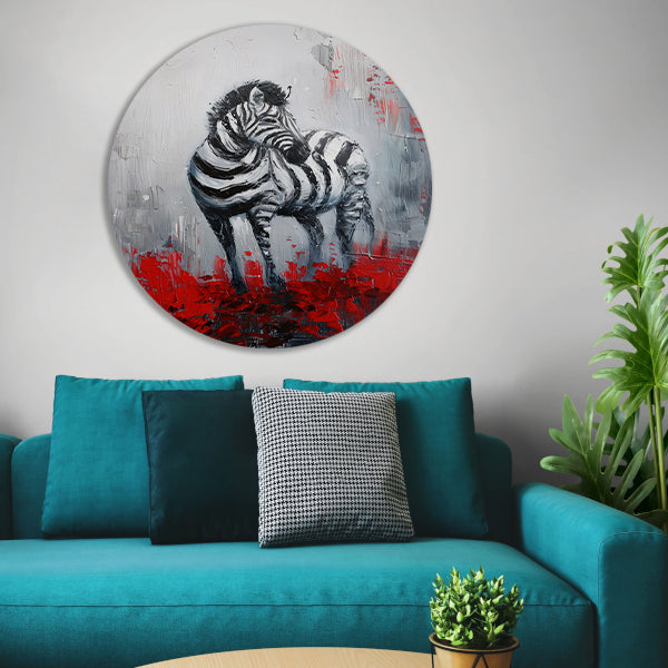 Abstract schilderij van zebra met rode accenten aluminium muurcirkel