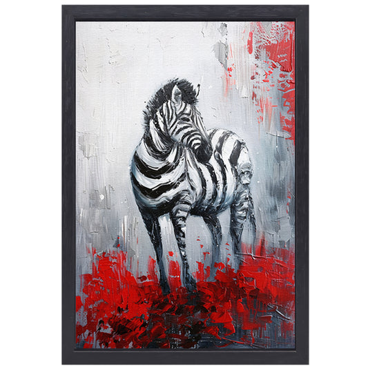 Abstract schilderij van zebra met rode accenten canvas met baklijst