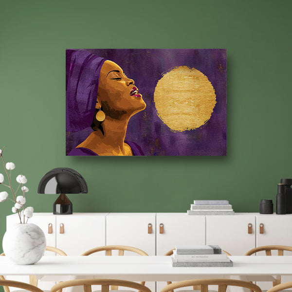 Afrikaanse vrouw met paarse doek en gouden maan canvas