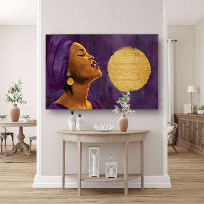 Afrikaanse vrouw met paarse doek en gouden maan canvas