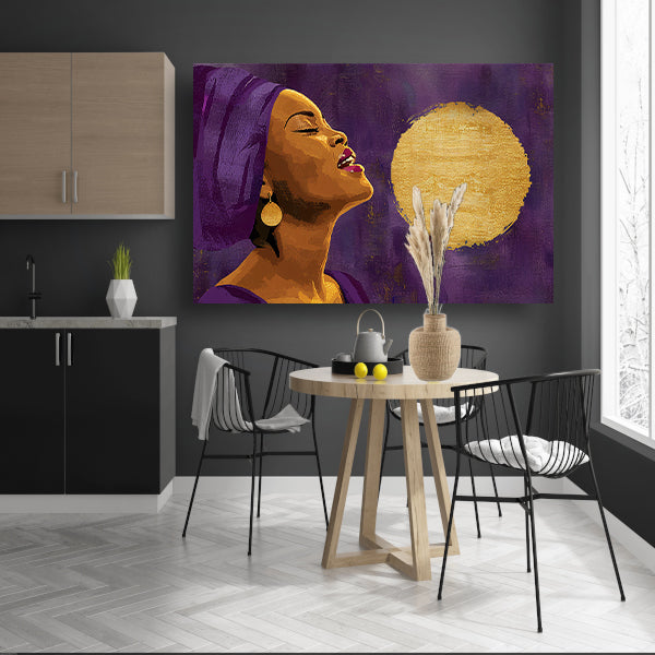 Afrikaanse vrouw met paarse doek en gouden maan canvas