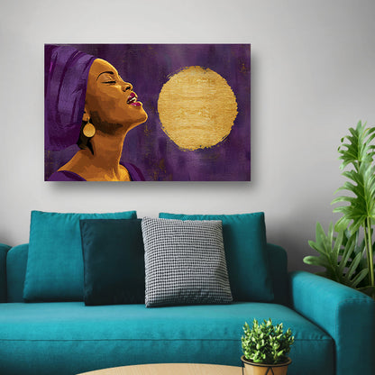 Afrikaanse vrouw met paarse doek en gouden maan canvas