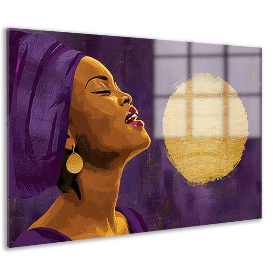 Afrikaanse vrouw met paarse doek en gouden maan acrylglas