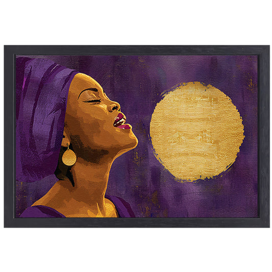 Afrikaanse vrouw met paarse doek en gouden maan canvas met baklijst