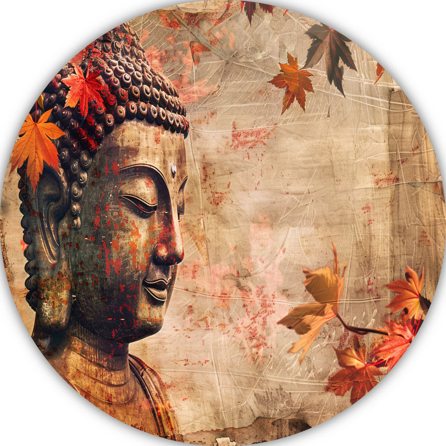 Boeddha in Herfstbladeren Sepia Toon aluminium muurcirkel