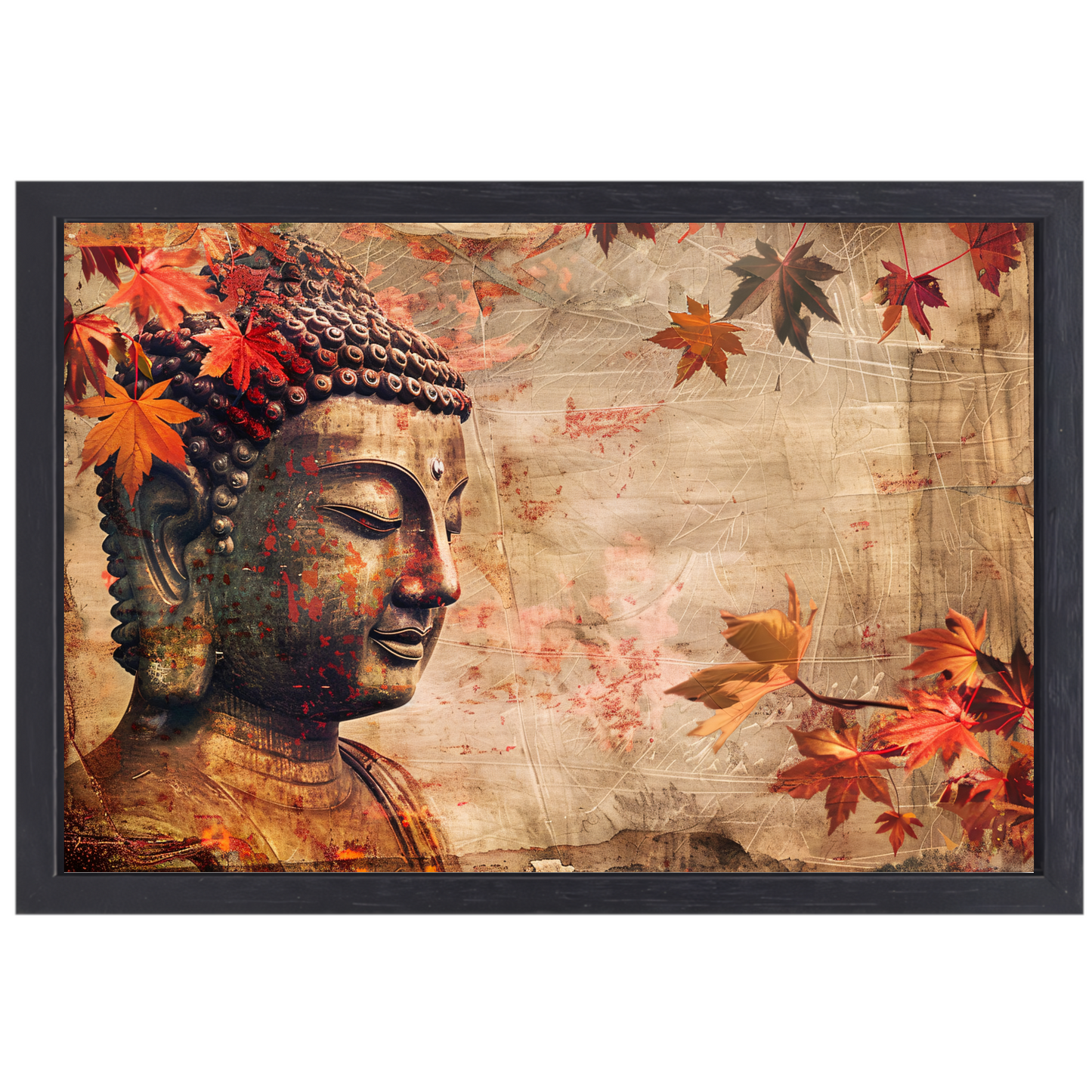 Boeddha in Herfstbladeren Sepia Toon canvas met baklijst
