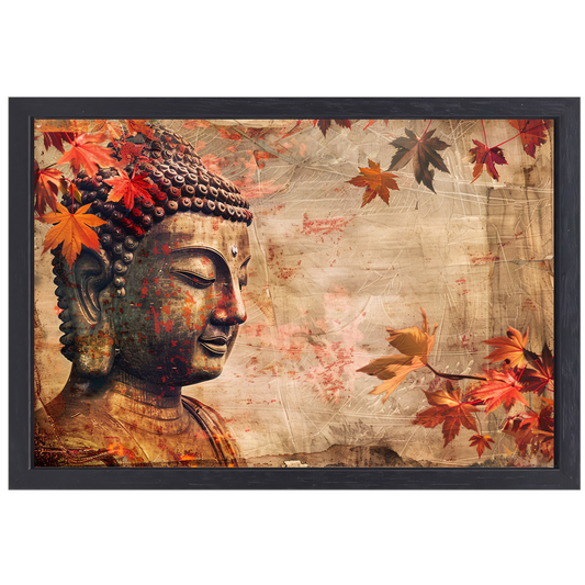 Boeddha in Herfstbladeren Sepia Toon canvas met baklijst