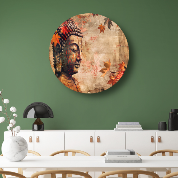 Boeddha in Herfstbladeren Sepia Toon aluminium muurcirkel