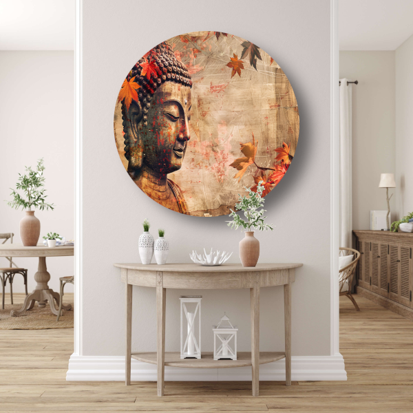 Boeddha in Herfstbladeren Sepia Toon aluminium muurcirkel