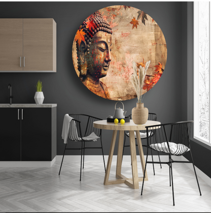 Boeddha in Herfstbladeren Sepia Toon aluminium muurcirkel