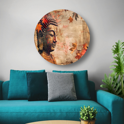 Boeddha in Herfstbladeren Sepia Toon aluminium muurcirkel
