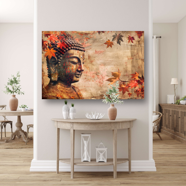 Boeddha in Herfstbladeren Sepia Toon canvas