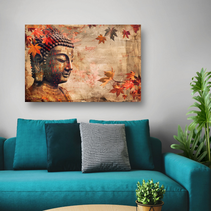 Boeddha in Herfstbladeren Sepia Toon canvas