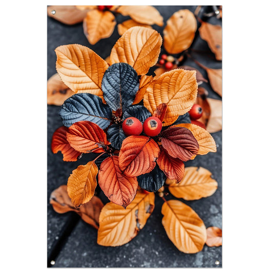 Close-up van rode bessen en herfstbladeren. tuinposter