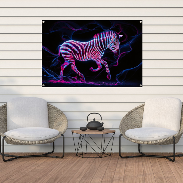 Fluorescerende zebra in neonkleuren kunstwerk tuinposter