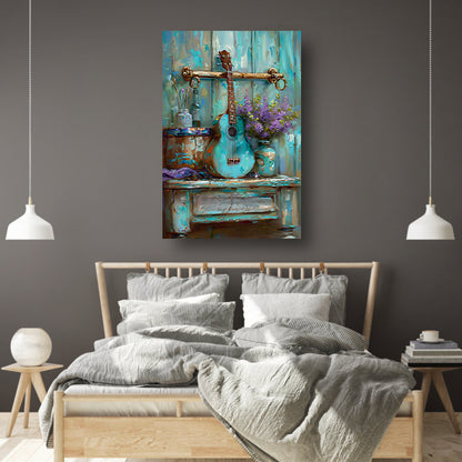 Kleurrijk schilderij van gitaar en bloemen acrylglas