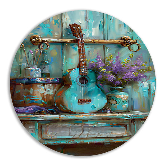 Kleurrijk schilderij van gitaar en bloemen aluminium muurcirkel