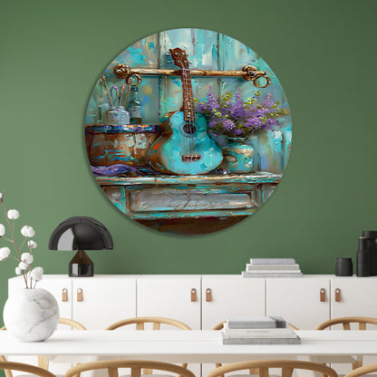 Kleurrijk schilderij van gitaar en bloemen aluminium muurcirkel