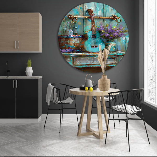 Kleurrijk schilderij van gitaar en bloemen aluminium muurcirkel