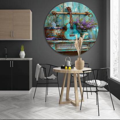 Kleurrijk schilderij van gitaar en bloemen aluminium muurcirkel