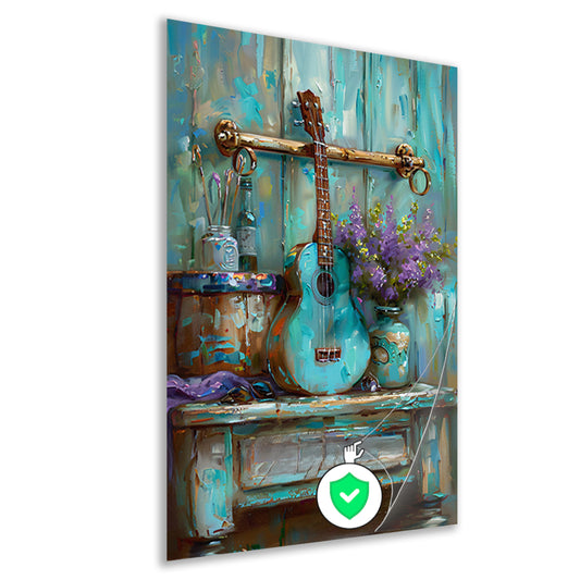 Kleurrijk schilderij van gitaar en bloemen poster