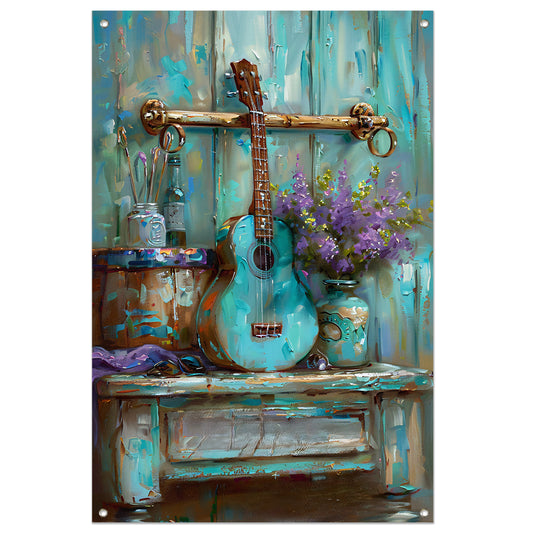 Kleurrijk schilderij van gitaar en bloemen tuinposter